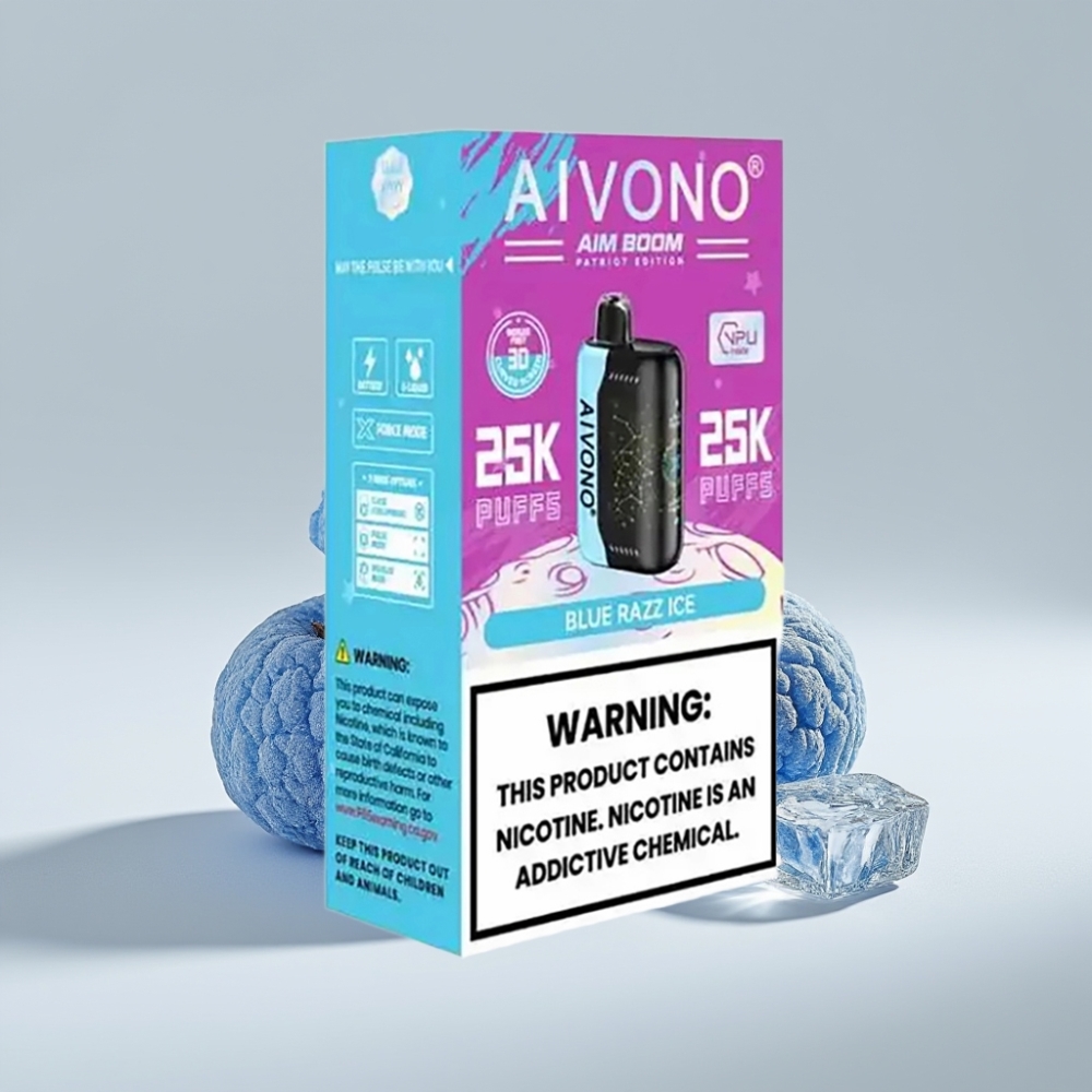 Aivono AIM BOOM 25000 Puffs - 0%،2%،3%،5% نيكوتين، 25000 نفخة، 28مل سائل، شحن Type-C، توت أزرق مثلج