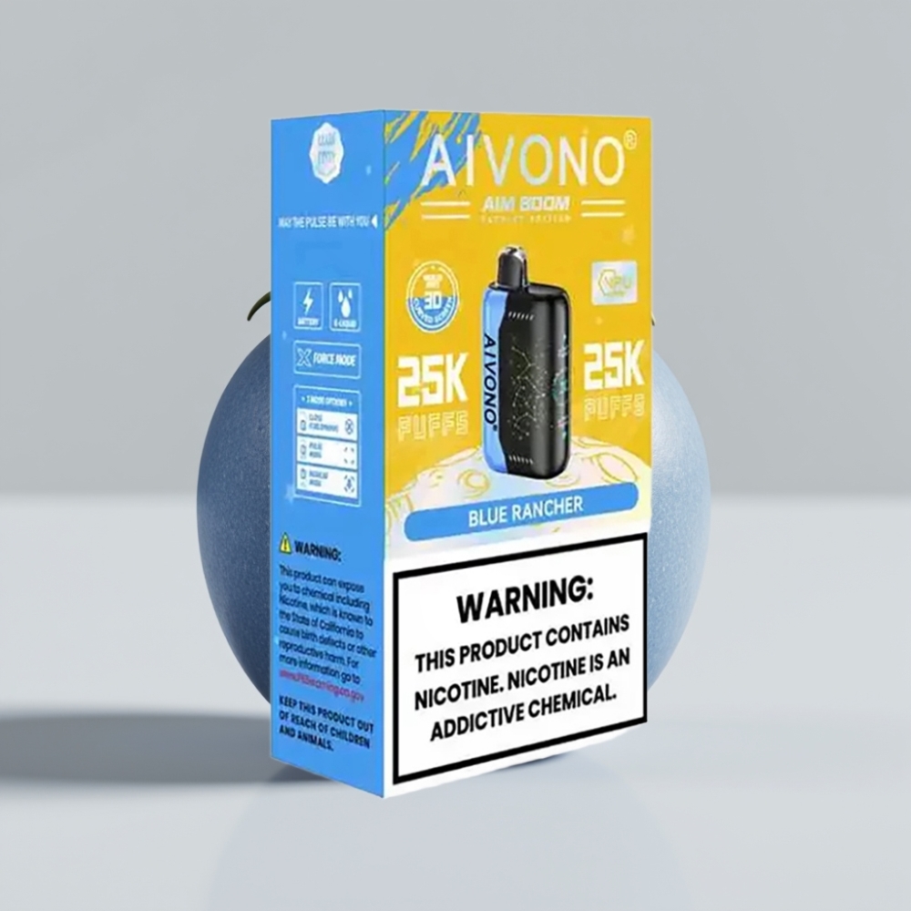 Aivono AIM BOOM 25000 Puffs - 0%،2%،3%،5% نيكوتين، 28ml سعة، 650mAh بطارية، شحن Type-C - بلو رانشر