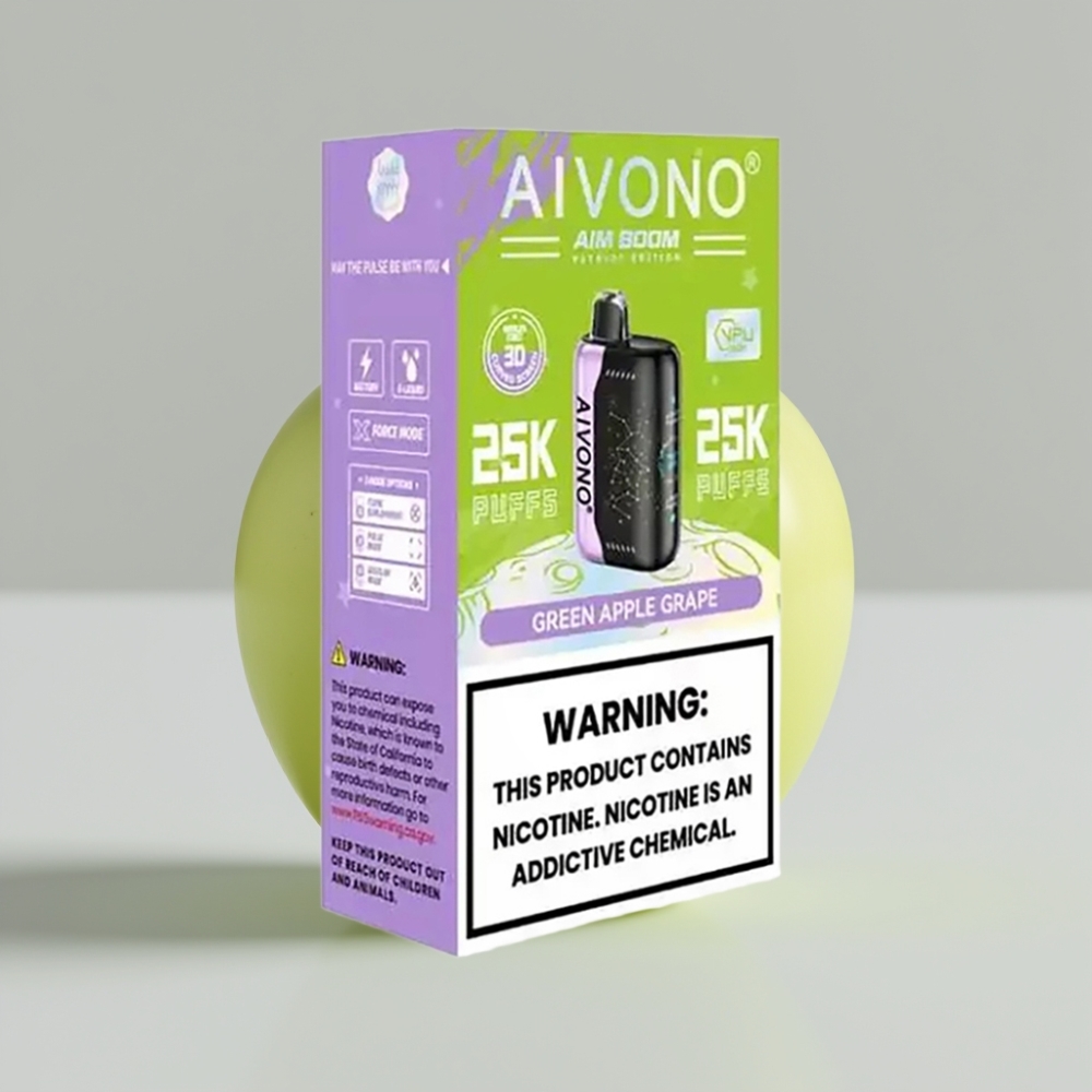 Aivono AIM BOOM 25000 Puffs - 0%-5% نيكوتين، 28 مل سائل، شحن Type-C، تفاح أخضر وعنب