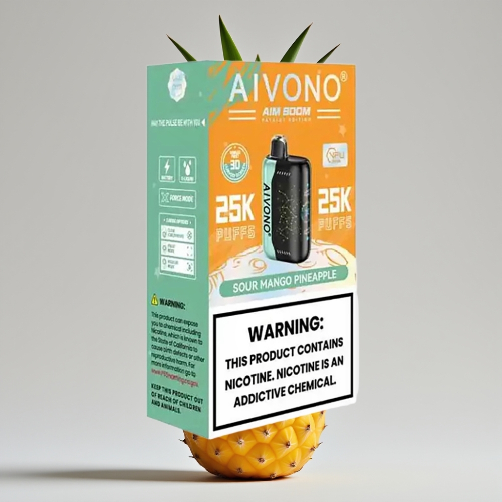 Aivono AIM BOOM 25000 Puffs - نكهة المانجو والأناناس الحامضة، 0%-5% نيكوتين، 28 مل سعة، شحن Type-C