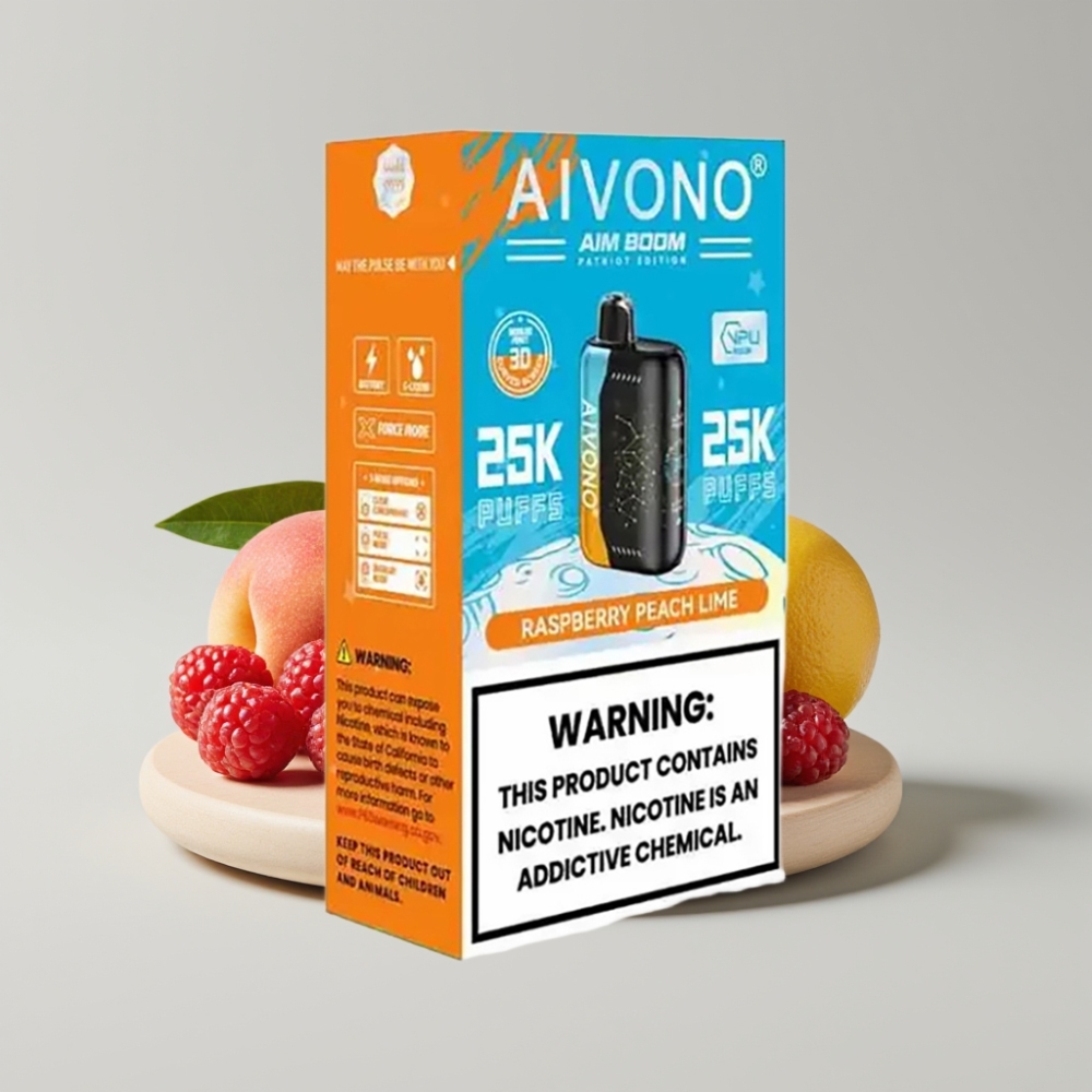 Aivono Aim Boom 25000 Puffs - 0-5% نيكوتين، 28مل سائل، بطارية 650مللي أمبير، شحن Type-C - توت خوخ ليمون