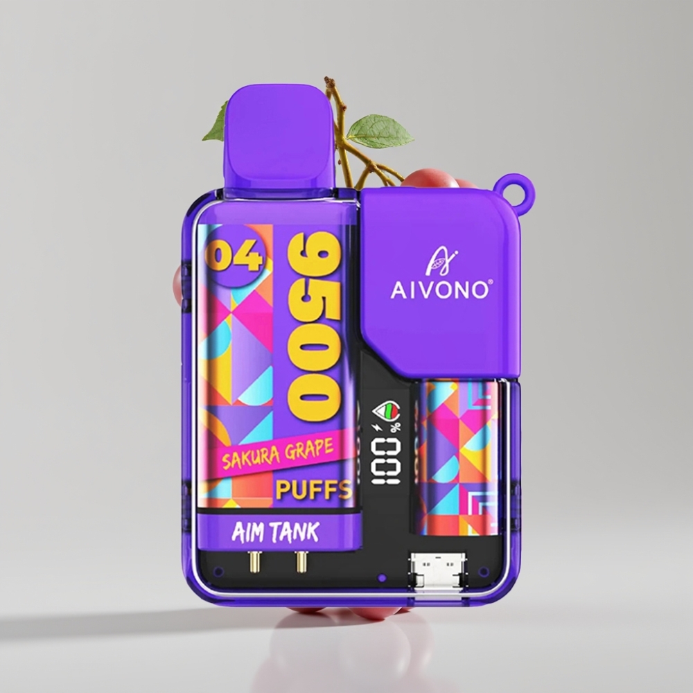 Aivono AIM-TANK 9500 Puffs - 18مل سعة السائل، بطارية 650مللي أمبير، شاشة LCD، نيكوتين 0%-5%، ساكورا عنب