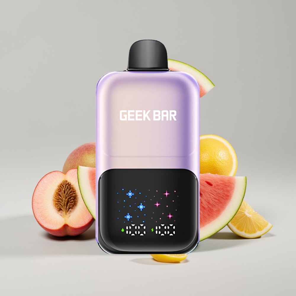 جيك بار 2جو 20مل Geek Bar 2GO 50000 نفخة سلسلة ثنائية قلم تبخير استهلاكي شاشة كبيرة تفاعلية، خزان مزدوج، نكهة خوخ مانجو بطيخ مثلج