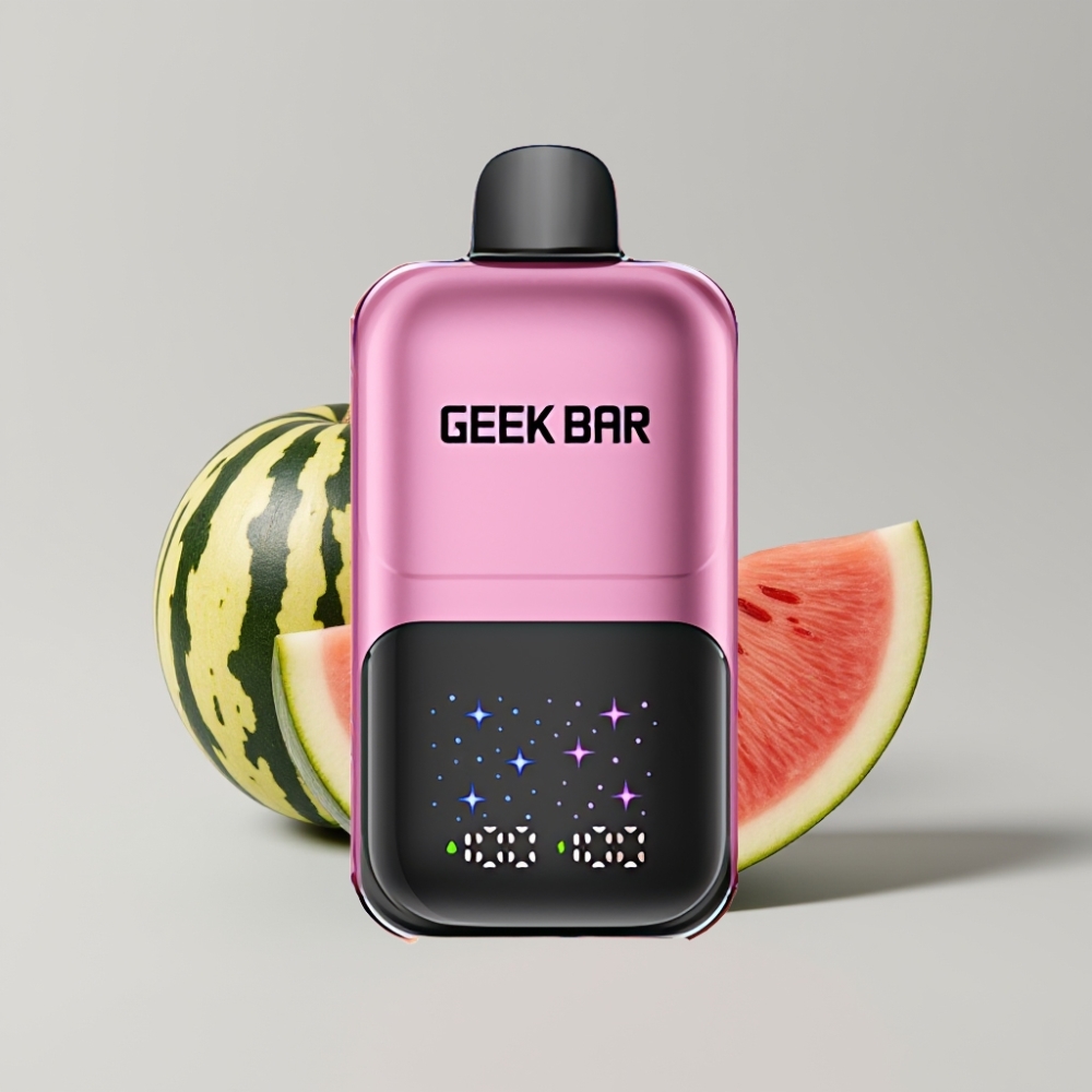 GEEK BAR 2GO 20 مل 50000 نفخة سلسلة مزدوجة قلم تبخير قابل للتصريف بنكهة الخوخ والبطيخ مع شاشة كبيرة تفاعلية و3 مستويات نكهة/برودة
