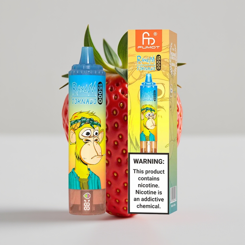 Fumot RandM Tornado 15000 Puffs - فراولة، 25مل، شاشة LCD، شحن Type-C
