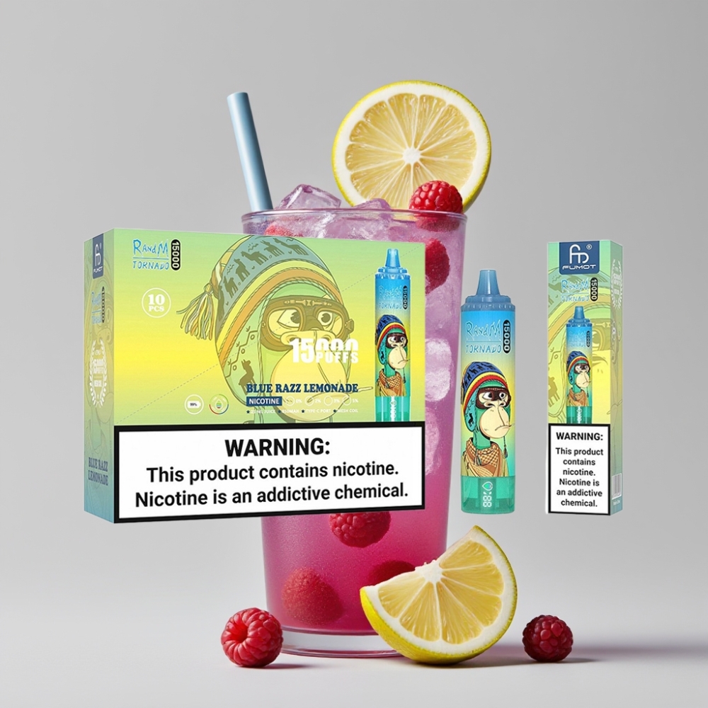 Fumot RandM Tornado 15000 Puffs - 25ml سعة السائل، 850mAh بطارية، شاشة LCD - توت أزرق ليموناضة